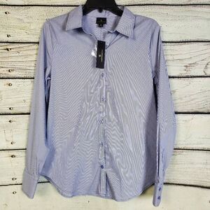 WORTHINGTON Women's Button Down Shirt Medium Blue White Stripe Long Sleeve NWT